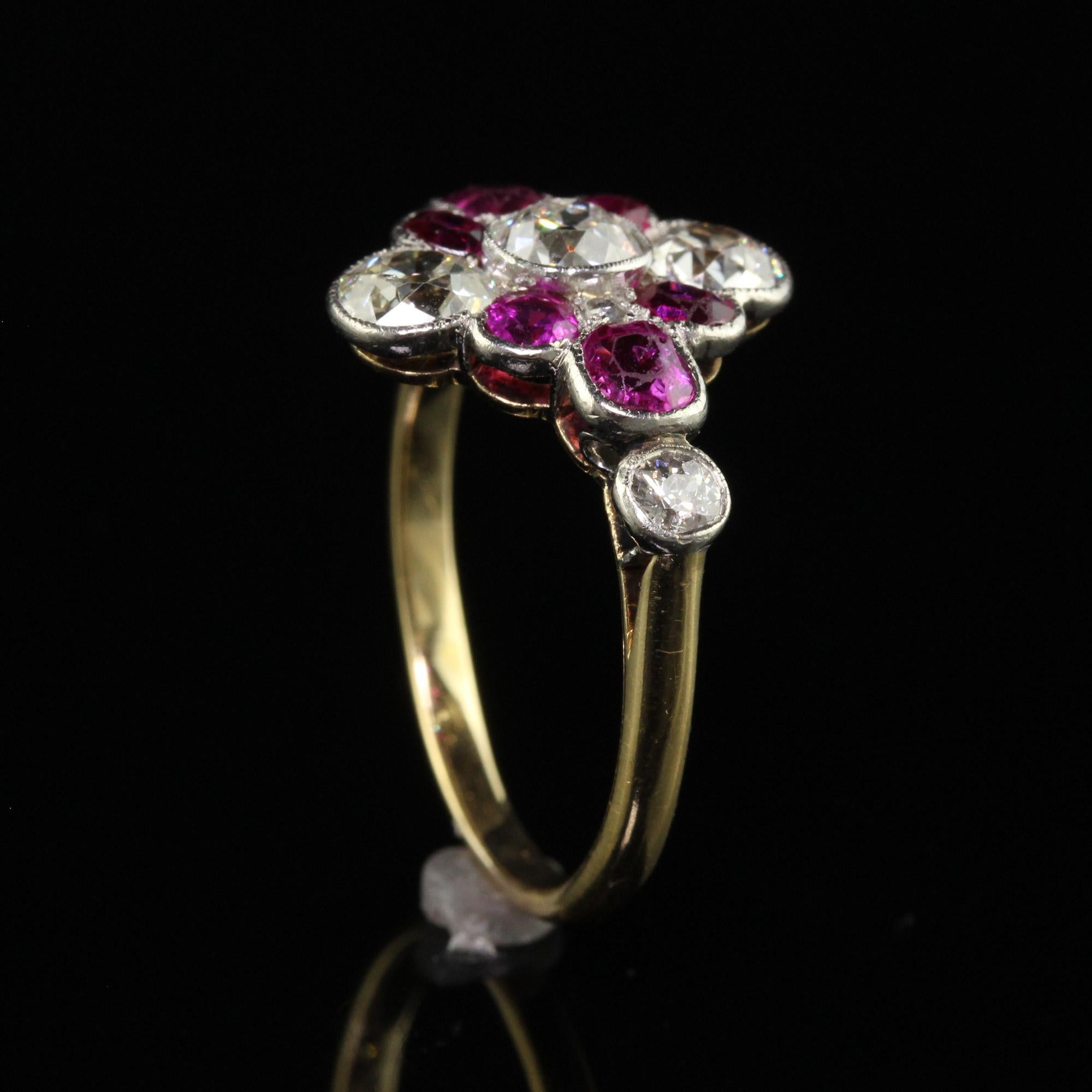 Antique Art Deco 18K Yellow Gold Old Mine Diamond and Ruby Floral Ring For Sale 1