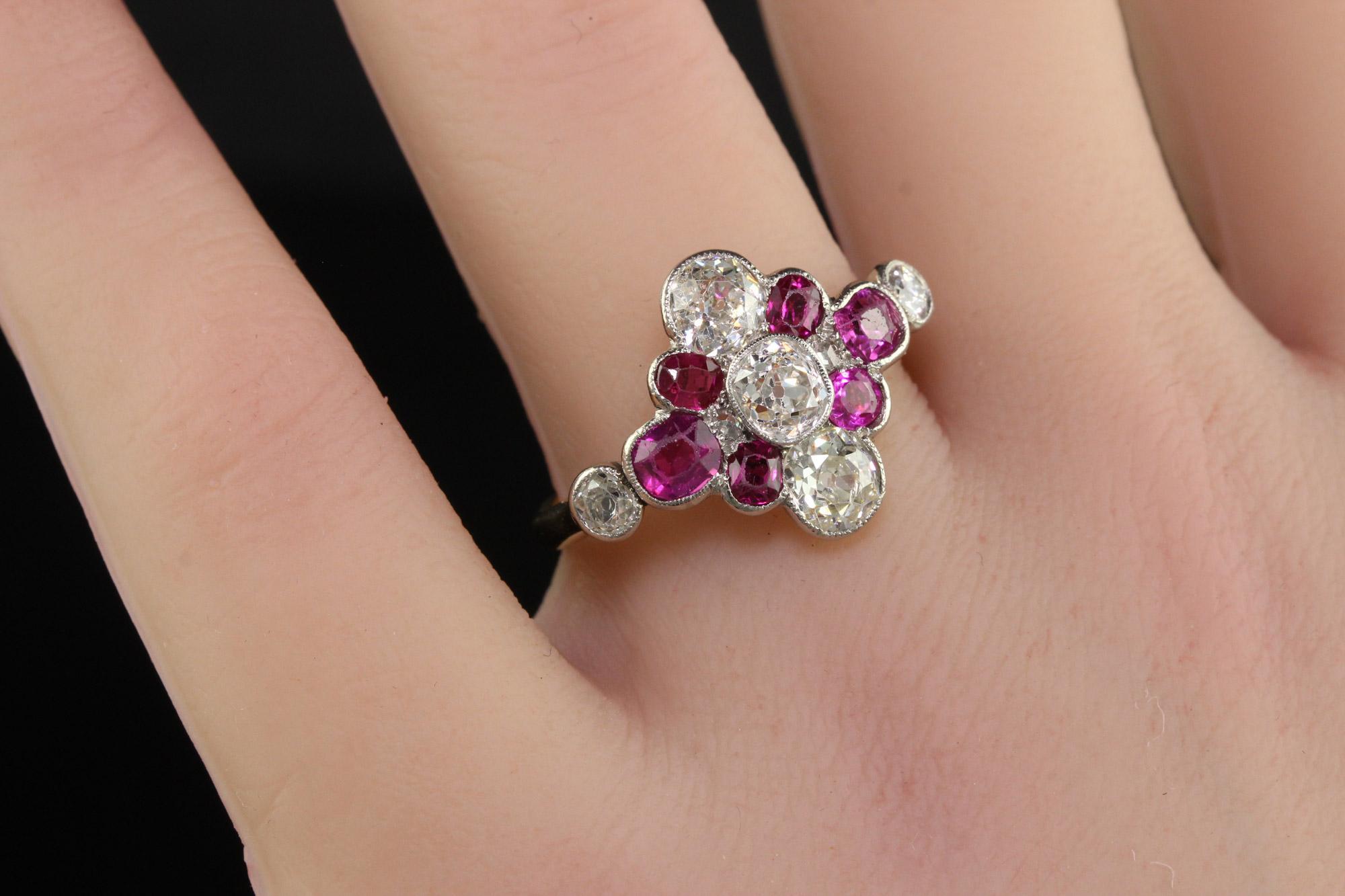 Antique Art Deco 18K Yellow Gold Old Mine Diamond and Ruby Floral Ring For Sale 3