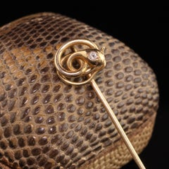 Antique Art Deco 18K Yellow Gold Old Mine Diamond Snake Stick Pin