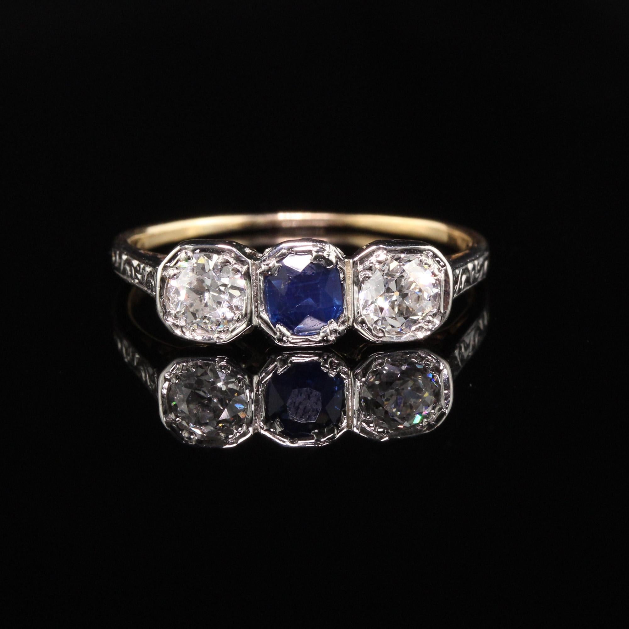 Old European Cut Antique Art Deco 18 Karat Yellow Gold Platinum Diamond Sapphire Three-Stone Ring