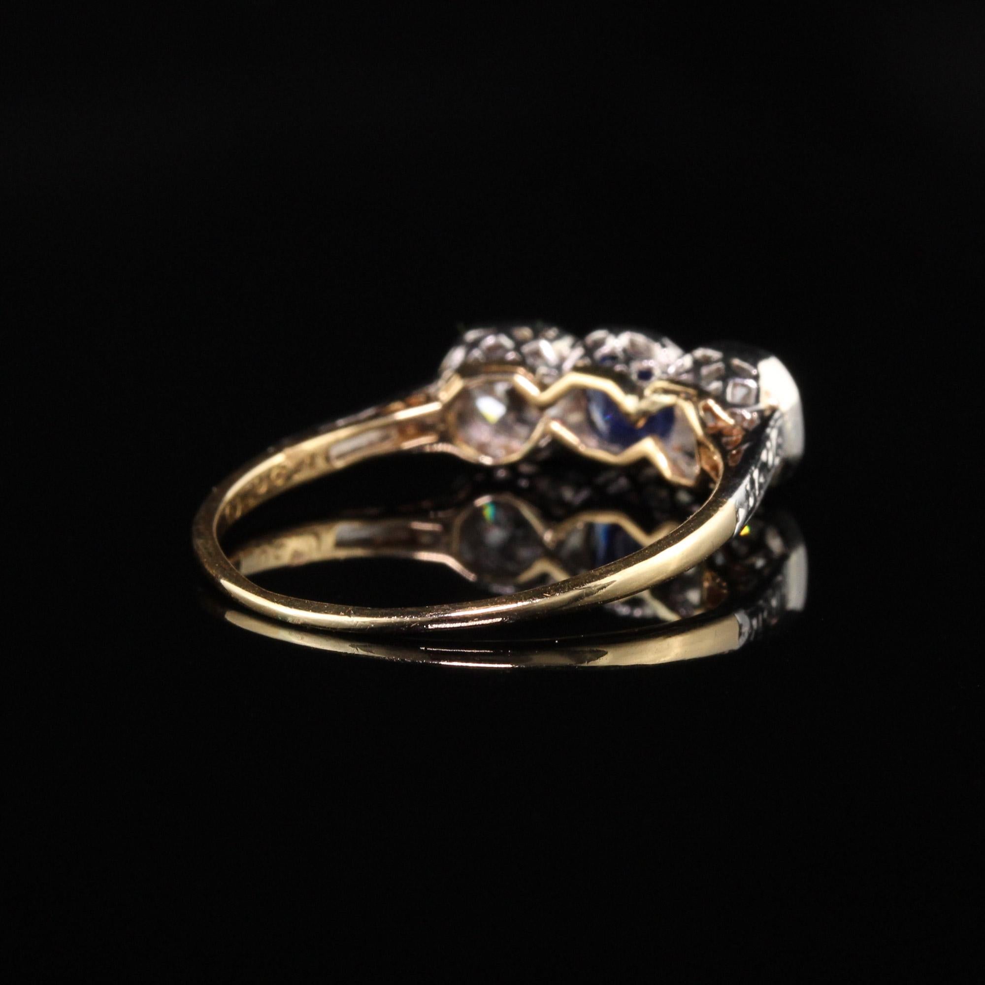 Antique Art Deco 18 Karat Yellow Gold Platinum Diamond Sapphire Three-Stone Ring In Good Condition In Great Neck, NY