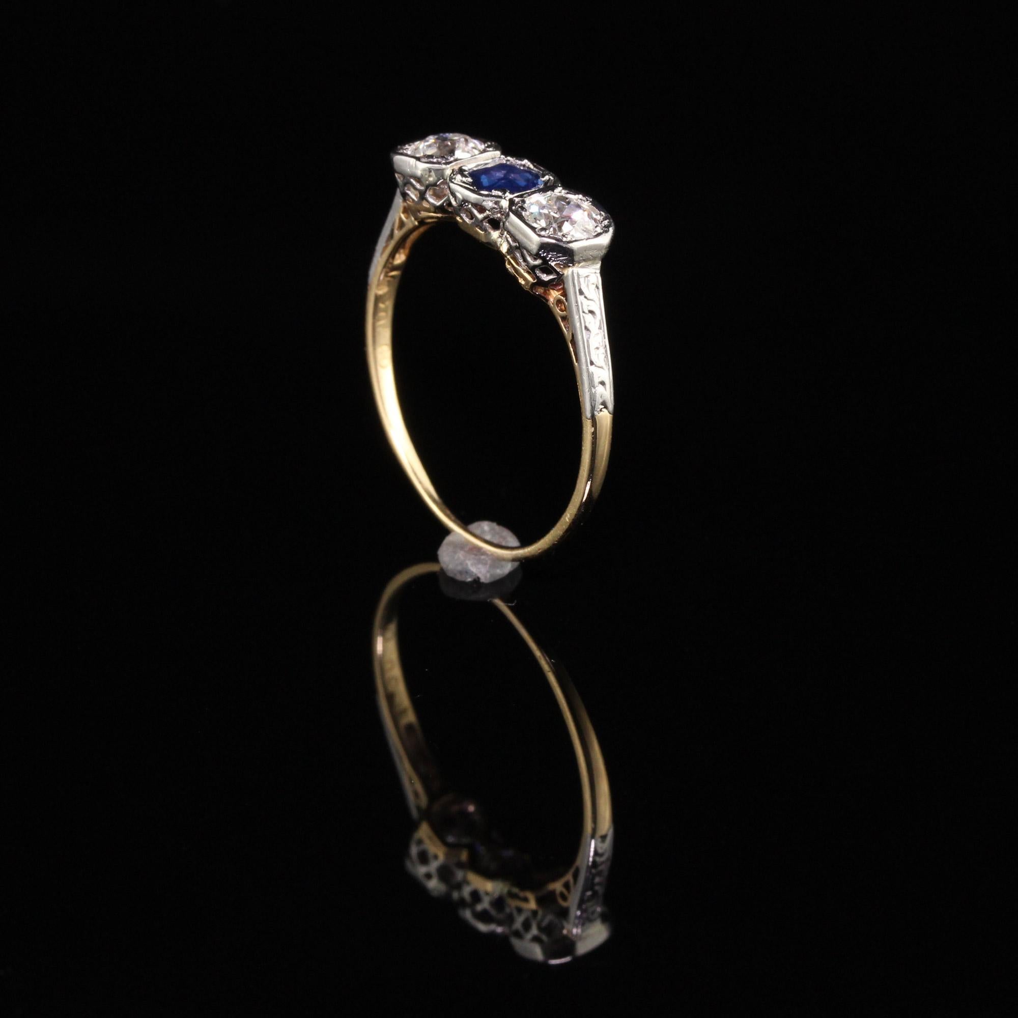 Women's Antique Art Deco 18 Karat Yellow Gold Platinum Diamond Sapphire Three-Stone Ring