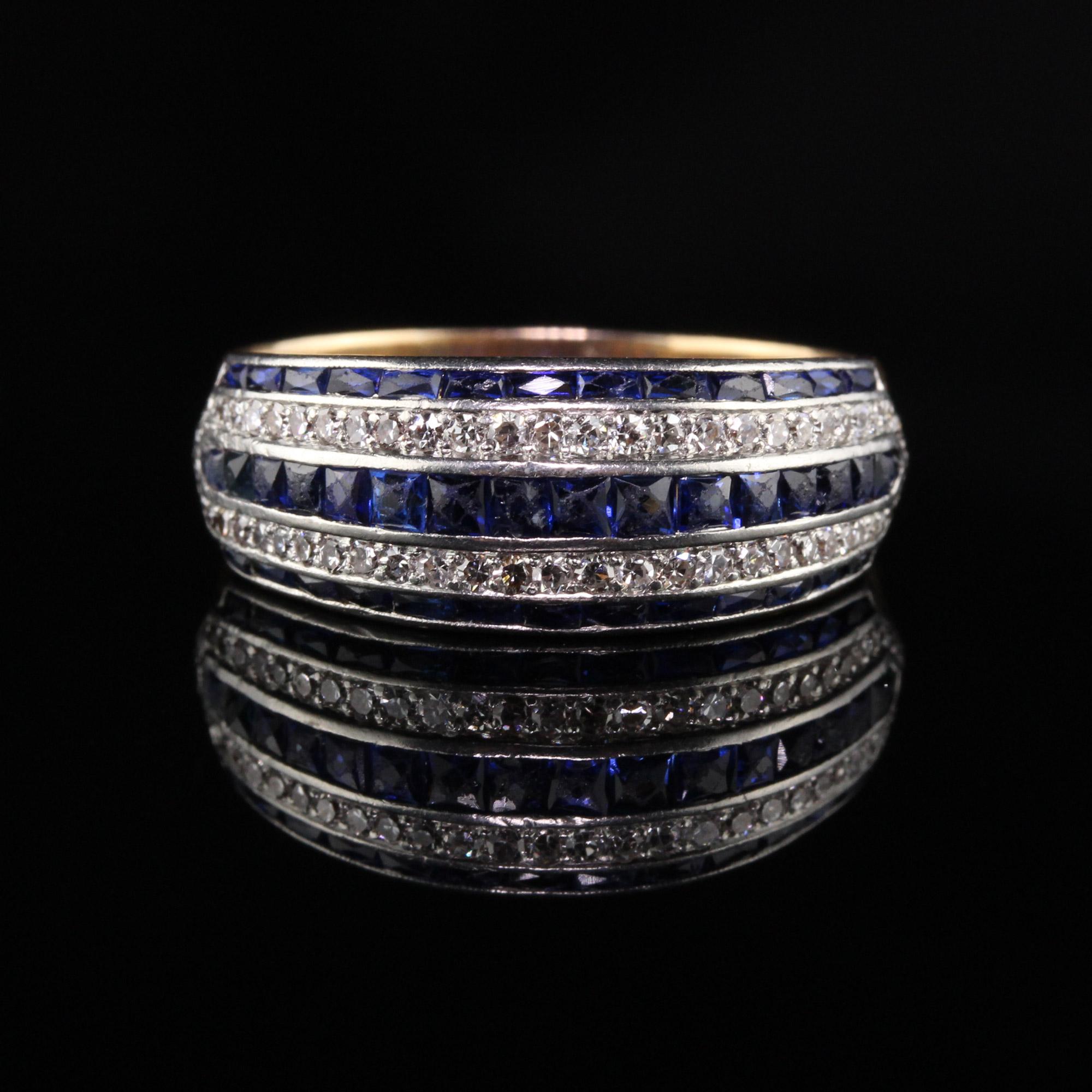 Antique Art Deco 18 Karat Yellow Gold Platinum French Cut Sapphire Diamond Band In Good Condition In Great Neck, NY