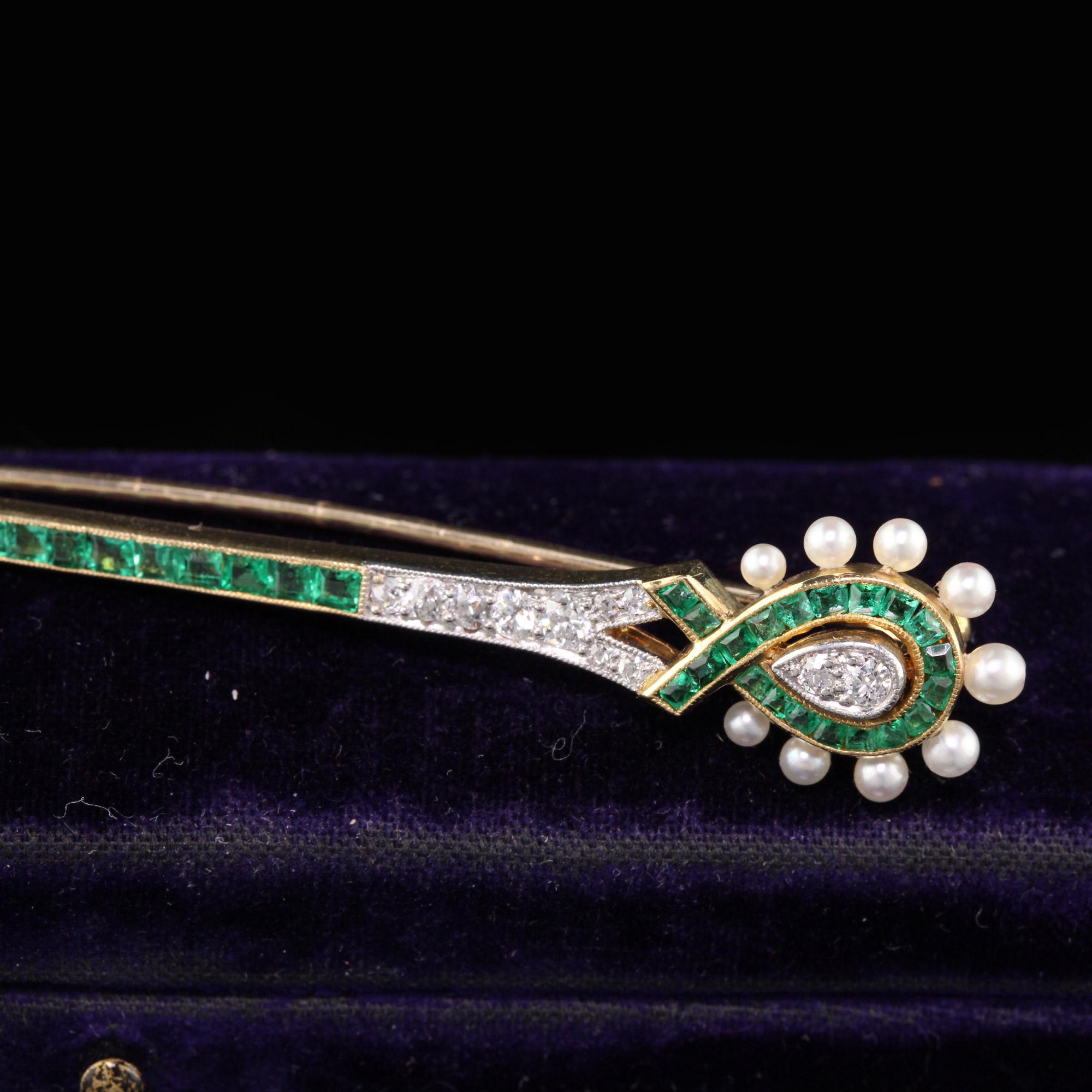 Emerald Cut Antique Art Deco 18 Karat Gold, Platinum Top, Diamond, Emerald and Pearl Brooch