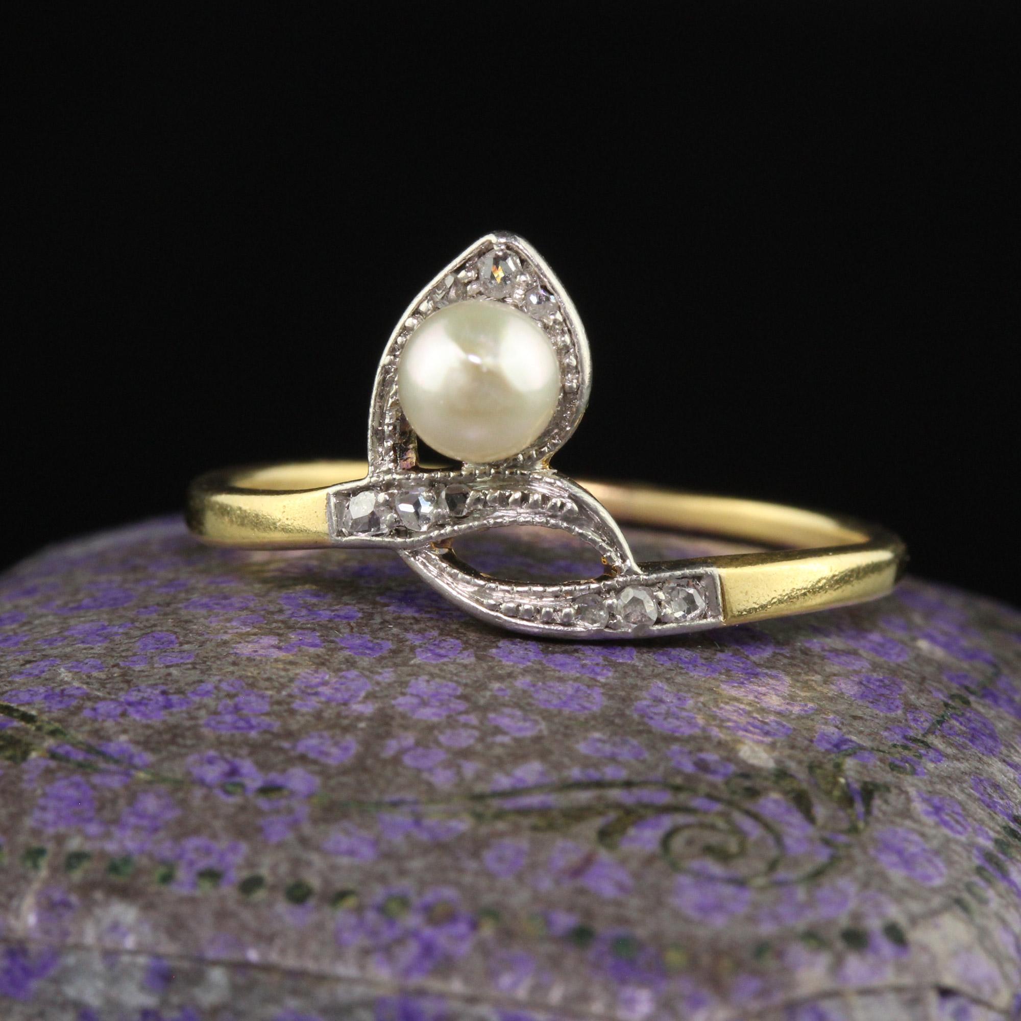 Beautiful Antique Art Deco 18K Yellow Gold Rose Cut Diamond and Pearl Ring. This beautiful ring is crafted in 18k yellow gold. The center holds a natural pearl that has rose cut diamonds on the top of the shank. The ring is in great condition and