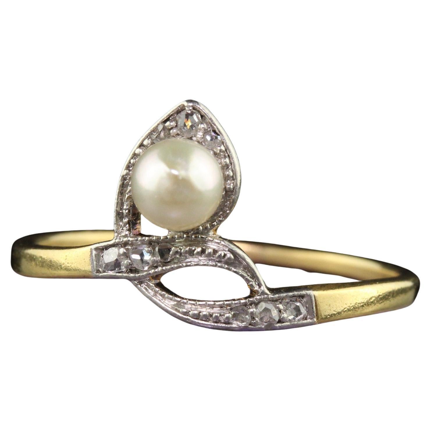 Antique Art Deco 18K Yellow Gold Rose Cut Diamond and Pearl Ring