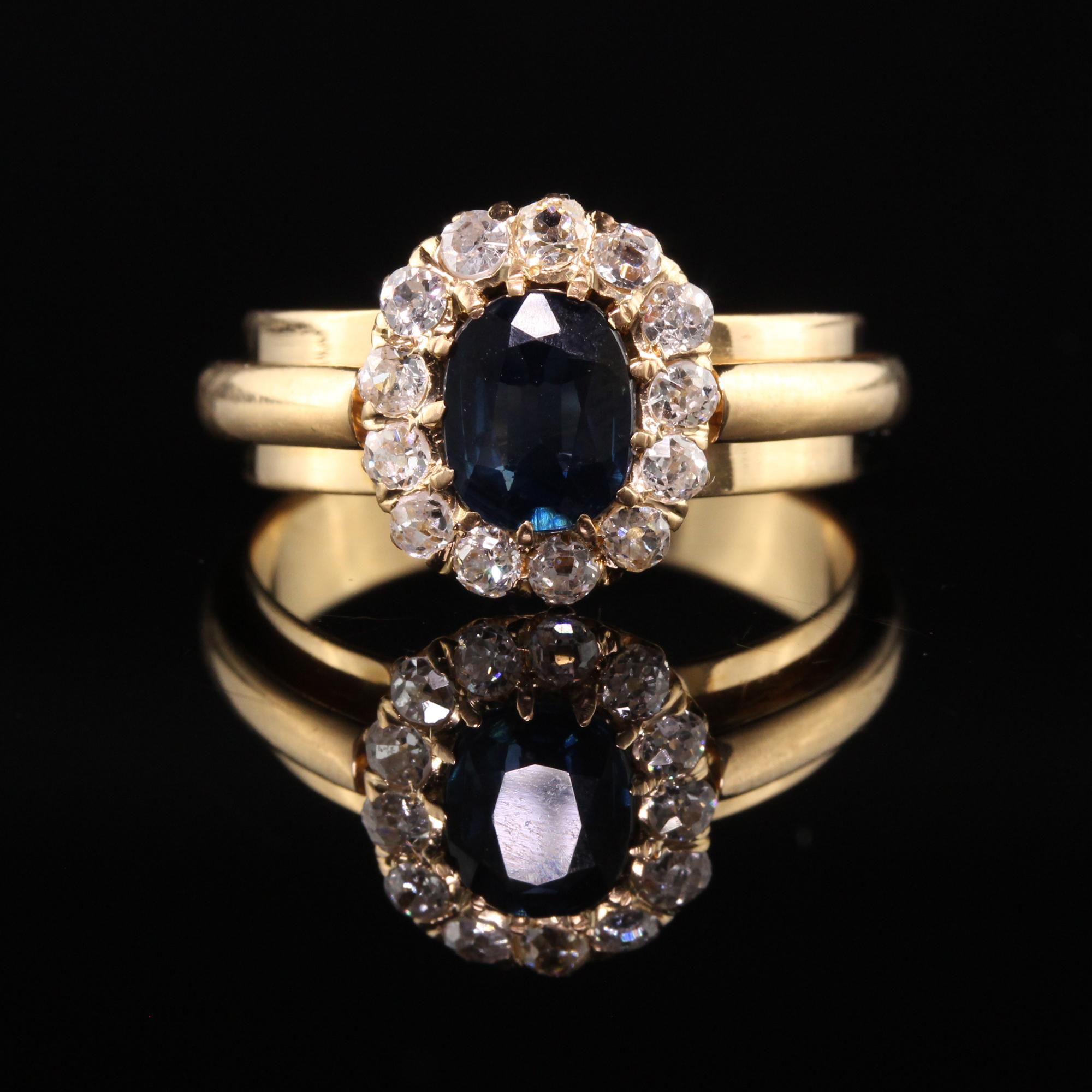 Art Deco Vintage Retro 18K Yellow Gold Sapphire and Diamond Halo Engagement Ring For Sale