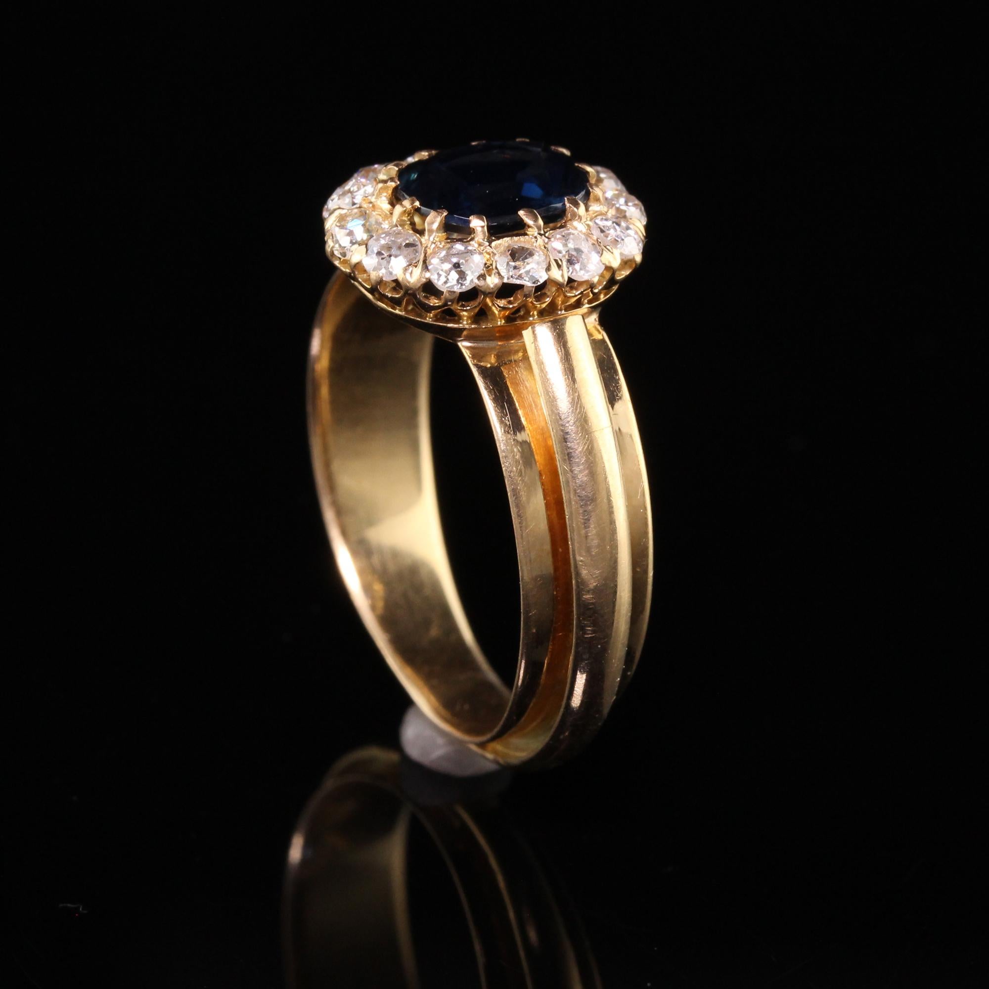 Vintage Retro 18K Yellow Gold Sapphire and Diamond Halo Engagement Ring In Good Condition For Sale In Great Neck, NY
