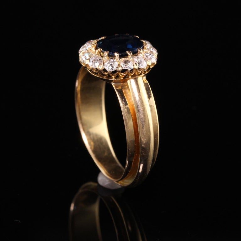 Vintage Retro 18K Yellow Gold Sapphire and Diamond Halo Engagement Ring For  Sale at 1stDibs