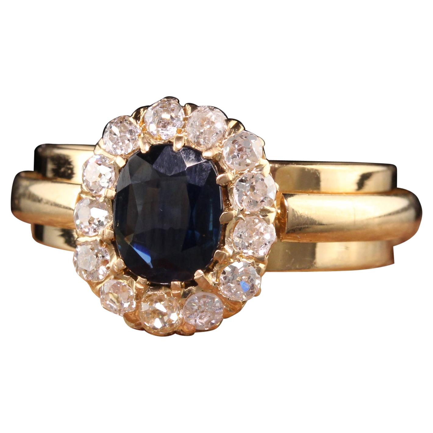 Vintage Retro 18K Yellow Gold Sapphire and Diamond Halo Engagement Ring For Sale