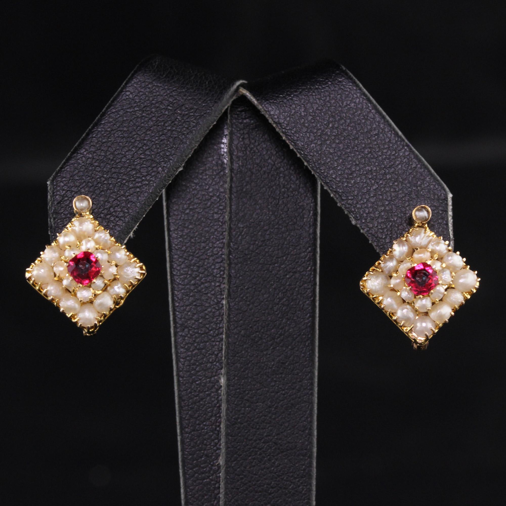 Cushion Cut Antique Art Deco 18k Yellow Gold Seed Pearl Ruby Diamond Earrings
