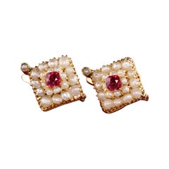Antike Art Deco Ohrringe, 18 Karat Gelbgold Saatperlen Rubin Diamant
