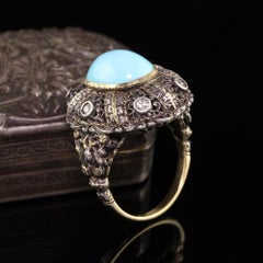 Antique Art Deco 18K Yellow Gold Silver Top Turquoise Cabochon Ring