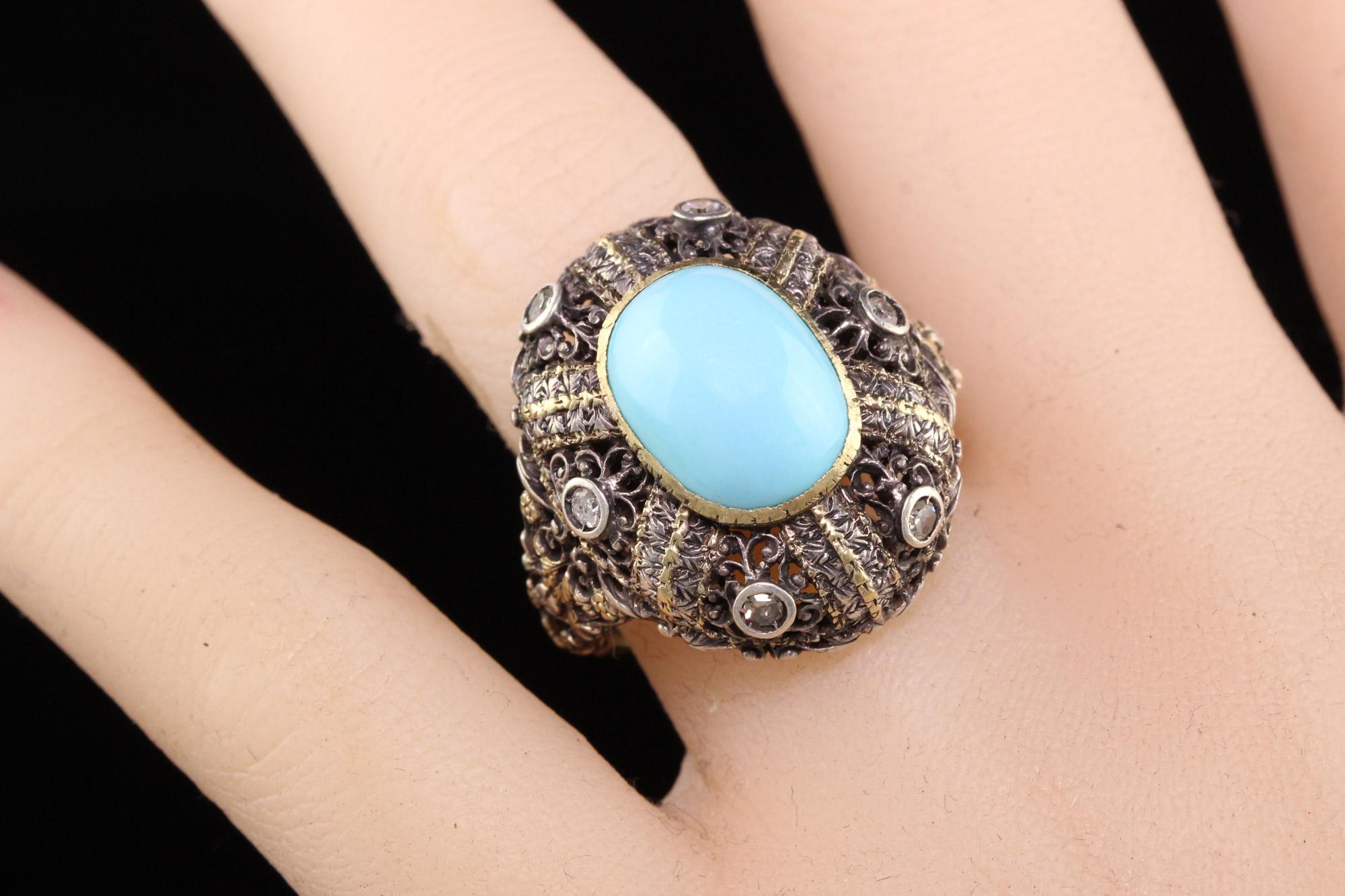 Women's Antique Art Deco 18K Yellow Gold Silver Top Turquoise Cabochon Ring For Sale