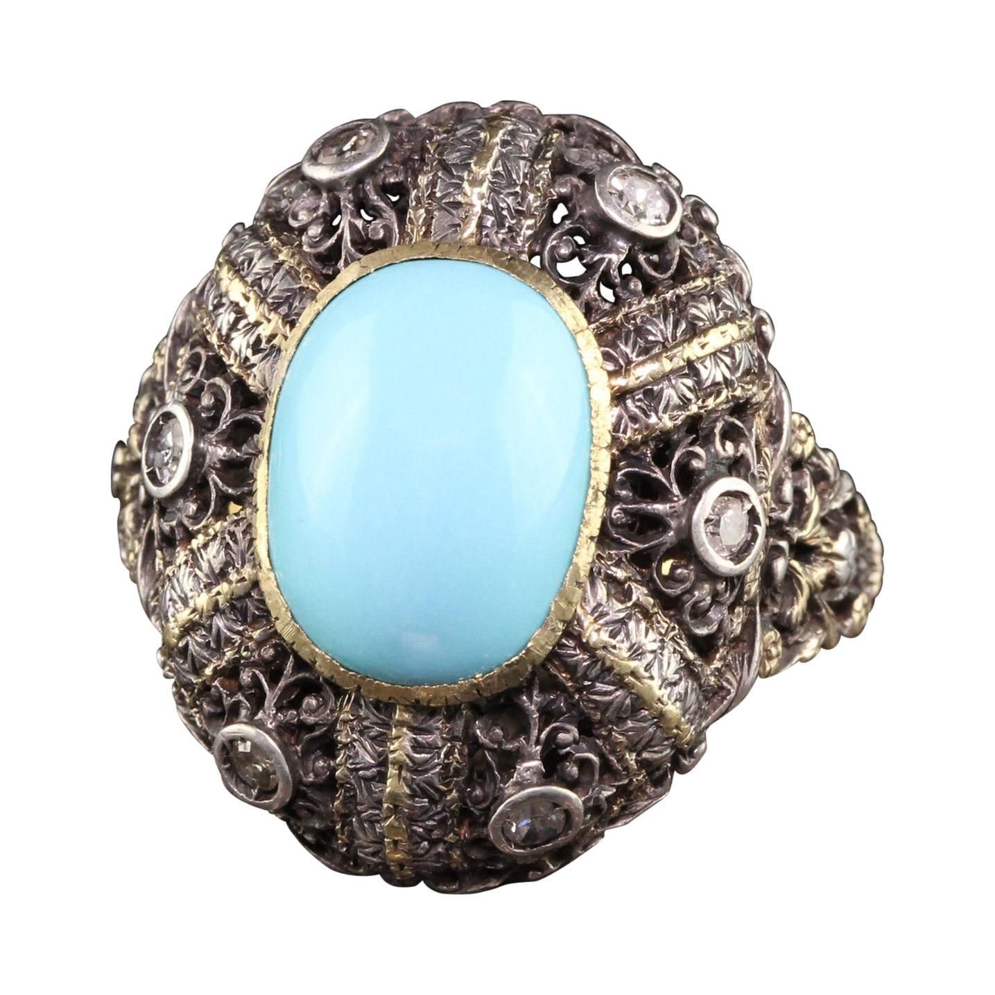 Antique Art Deco 18K Yellow Gold Silver Top Turquoise Cabochon Ring