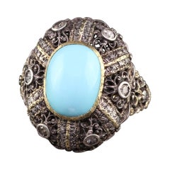 Bague Art déco ancienne en or jaune 18 carats avec cabochon en argent et turquoise sur le dessus