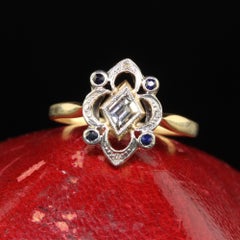 Antique Art Deco 18K Yellow Gold Trapezoid Cut Diamond Sapphire Engagement Ring