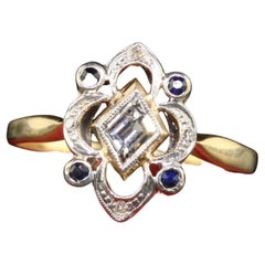 Antique Art Deco 18K Yellow Gold Trapezoid Cut Diamond Sapphire Engagement Ring