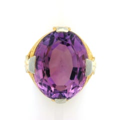 Antique Art Deco 18k Yellow & White Gold Large Amethyst Open Work Milgrain Ring