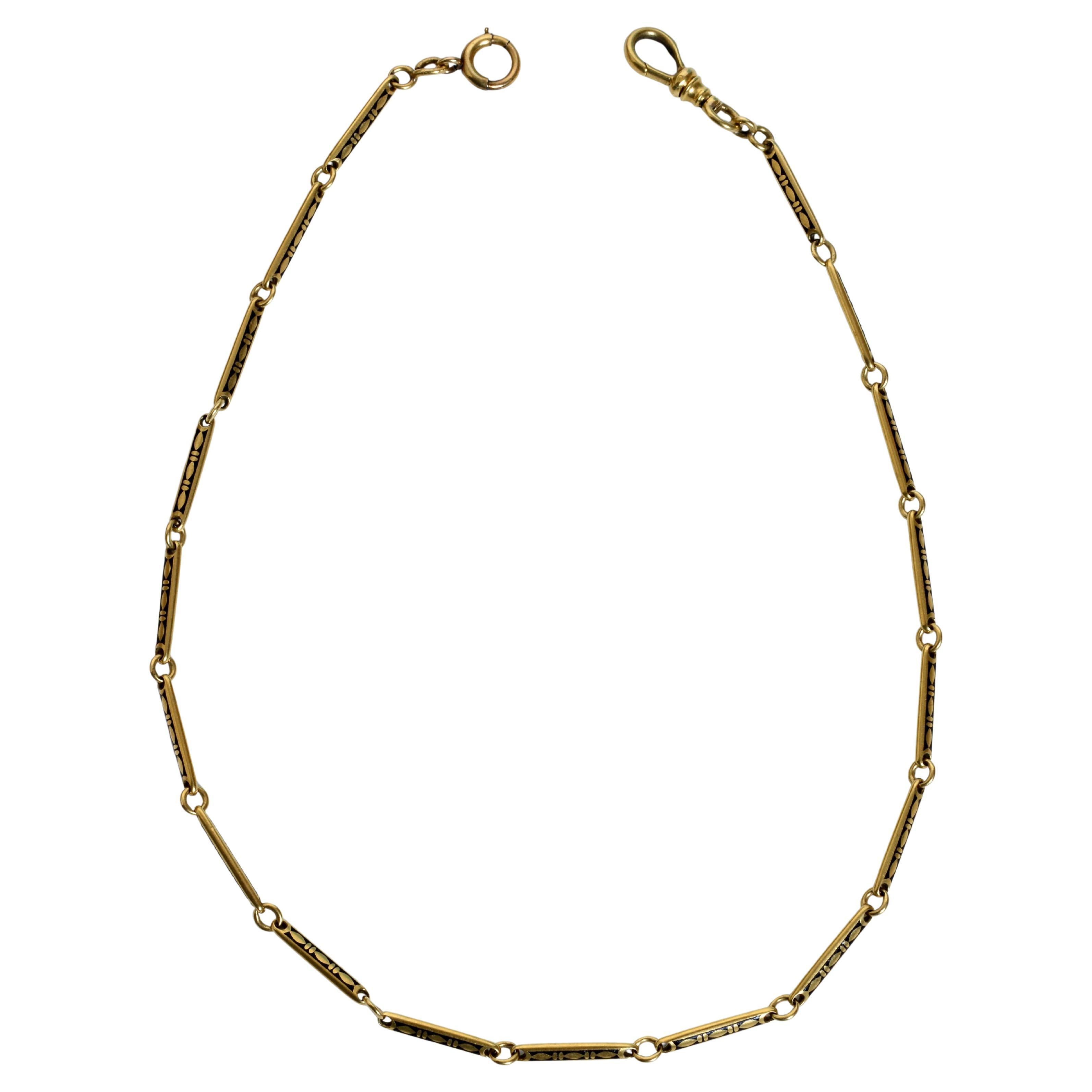 Catena per orologio da tasca decorata in oro giallo 18 carati e smalto nero, Arte Antiques