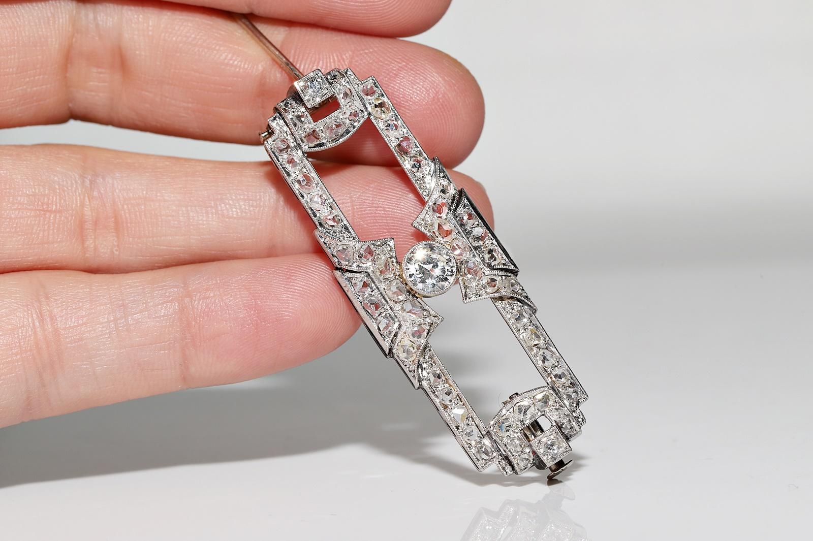 Antique Art Deco 1920 Platinum And 14K Gold Natural Diamond Decorated Brooch For Sale 5