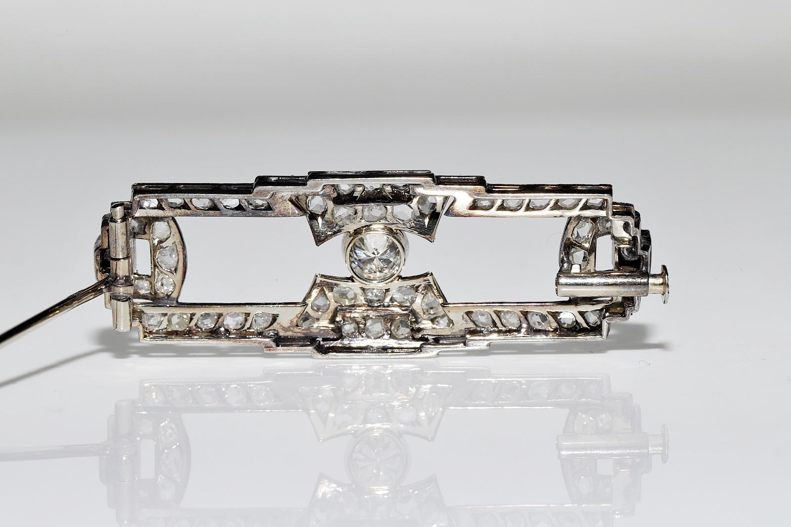 Antique Art Deco 1920 Platinum And 14K Gold Natural Diamond Decorated Brooch For Sale 1