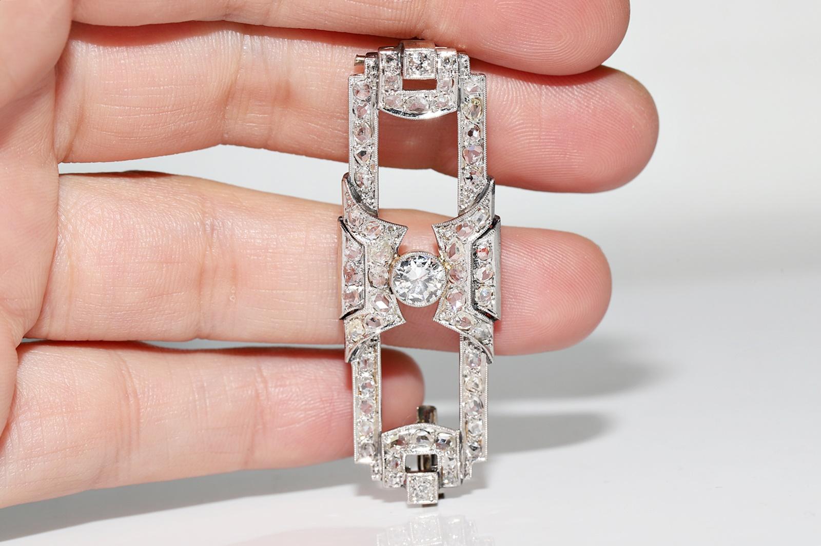 Antique Art Deco 1920 Platinum And 14K Gold Natural Diamond Decorated Brooch For Sale 4