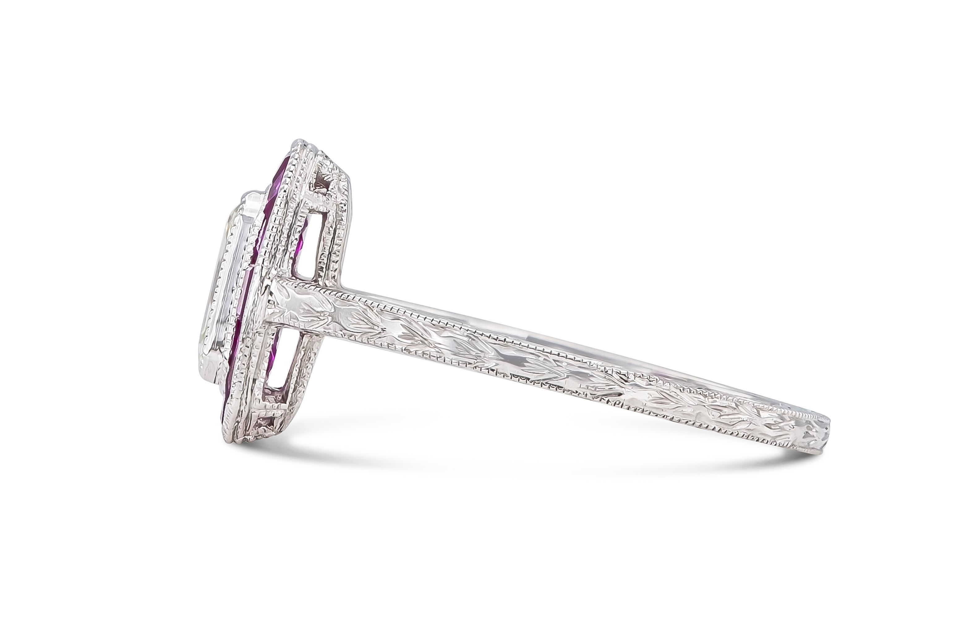 Antique Art Deco 1920s 0.52 Carat Emerald Cut Diamond Ring with Rubies In Good Condition For Sale In New York, NY