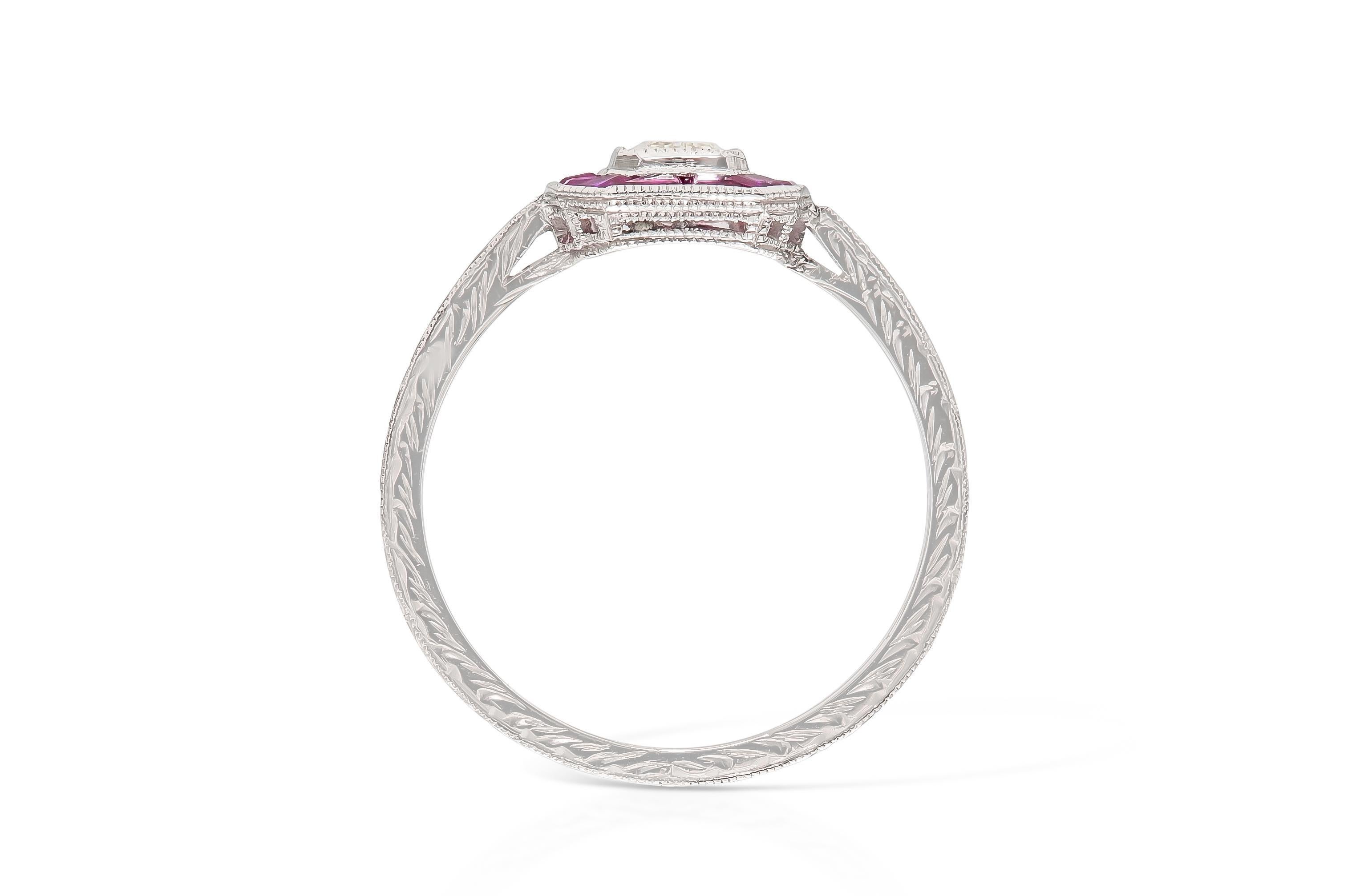 Women's Antique Art Deco 1920s 0.52 Carat Emerald Cut Diamond Ring with Rubies For Sale
