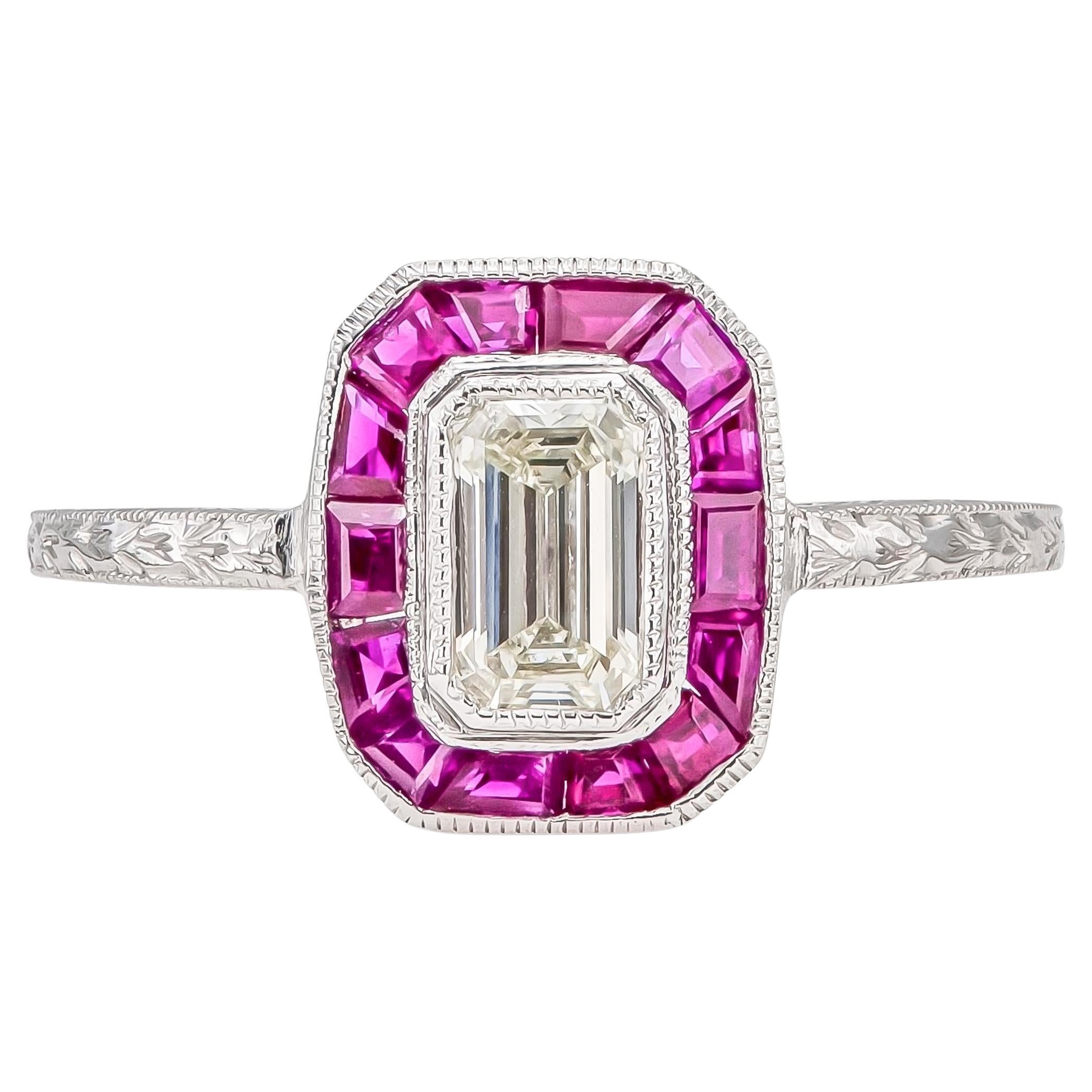 Antique Art Deco 1920s 0.52 Carat Emerald Cut Diamond Ring with Rubies For Sale