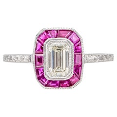 Antique Art Deco 1920s 0.52 Carat Emerald Cut Diamond Ring with Rubies
