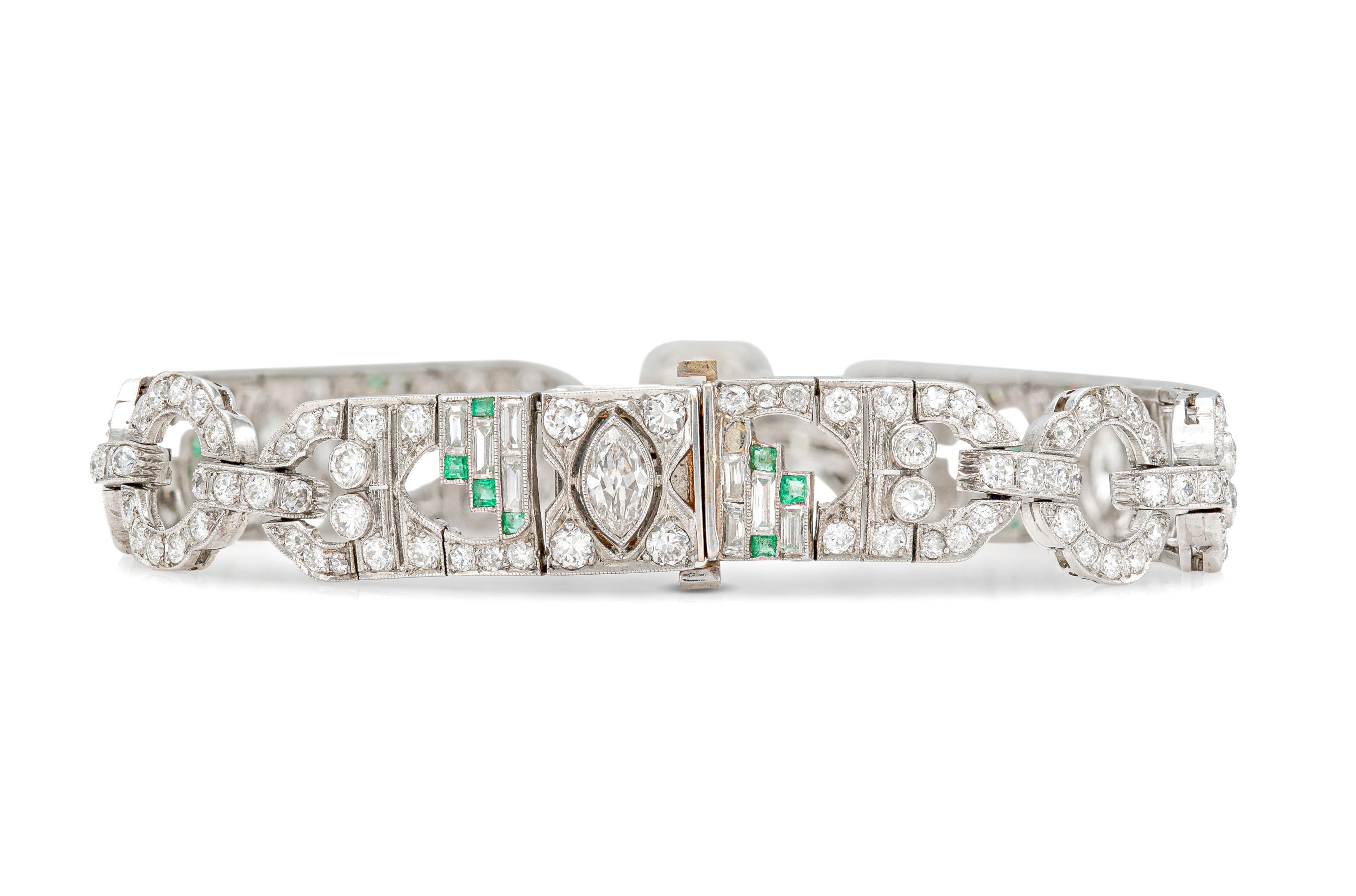Mixed Cut Antique Art Deco 1920s 10.00 Carat Diamond Bracelet with Emeralds For Sale