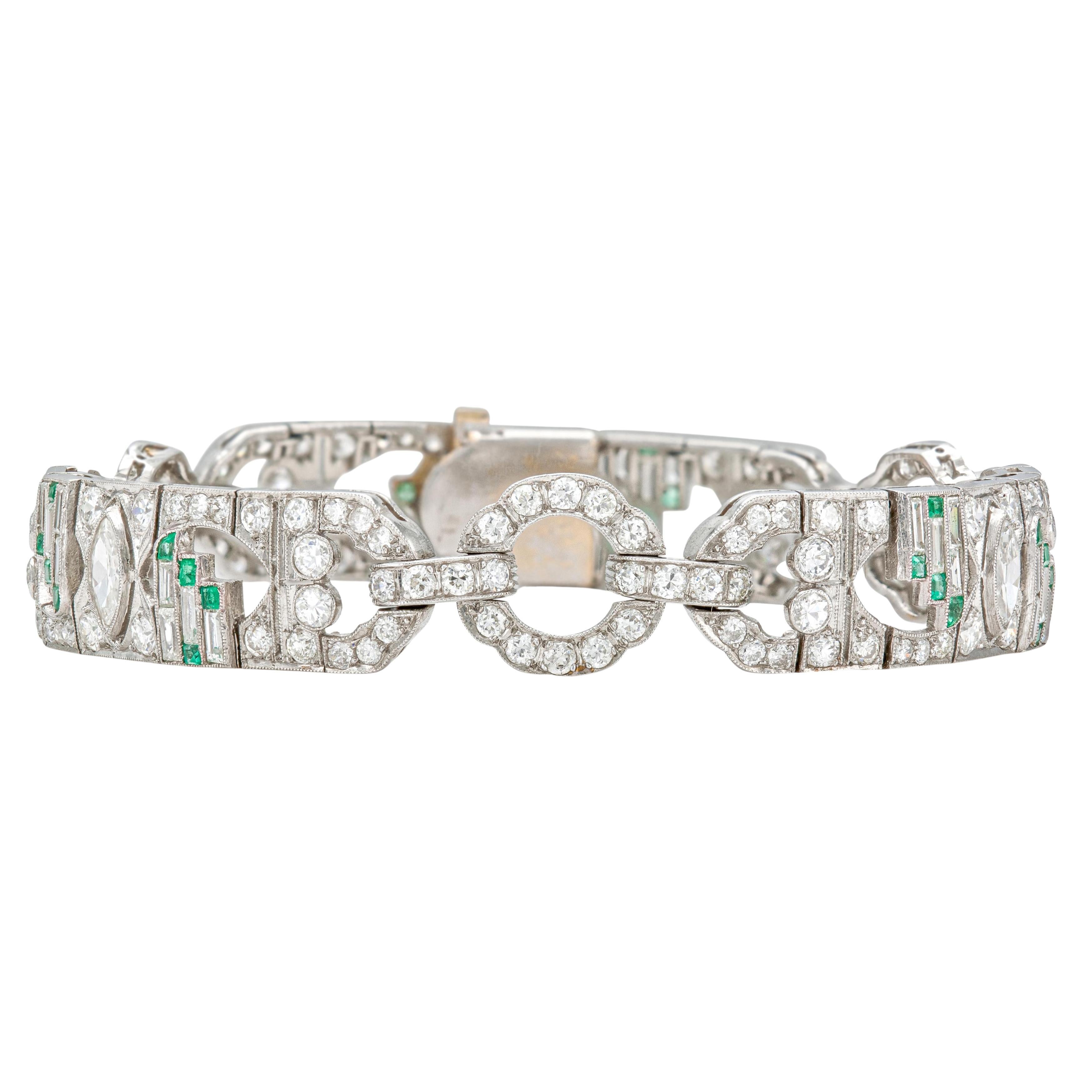 Antique Art Deco 1920s 10.00 Carat Diamond Bracelet with Emeralds