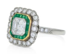 Antique Art Deco 1920s 1.20 Carat Asscher Cut Diamond Square Ring with Emeralds