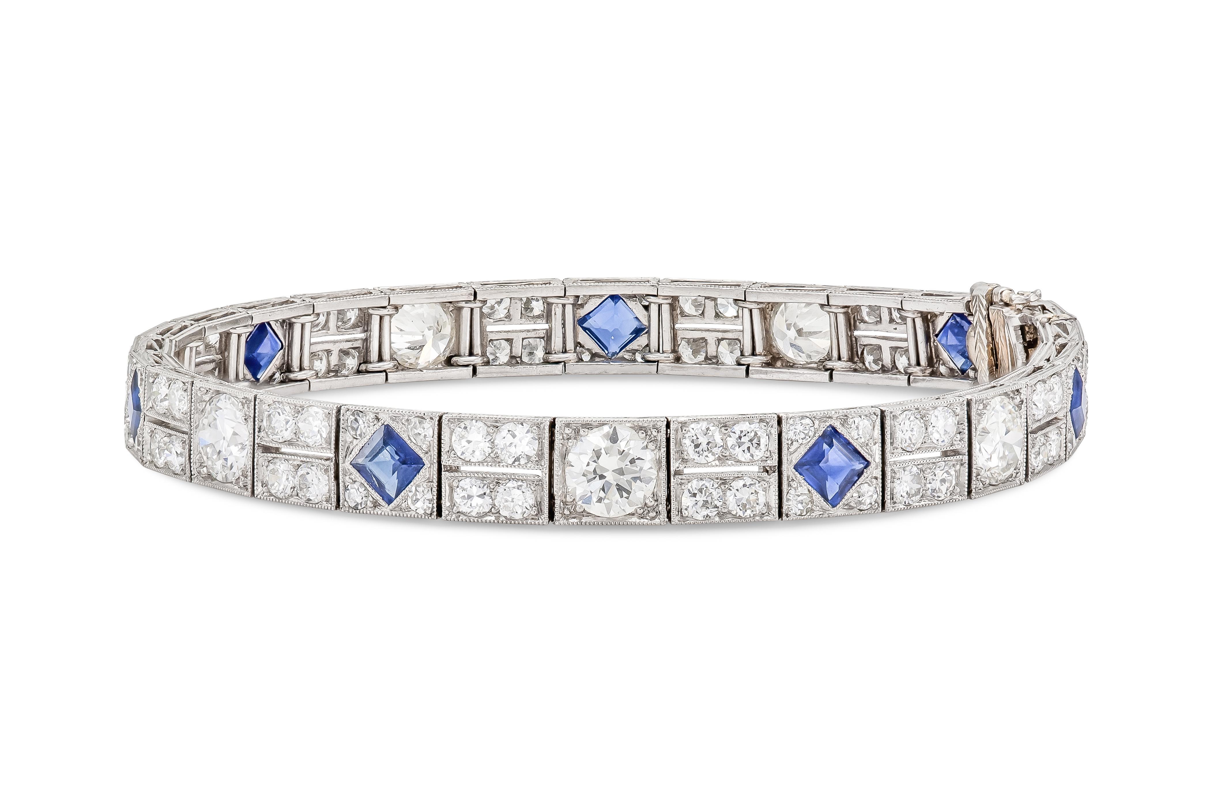 Antike Art Deco 1920er Jahre 12,00 Karat Diamant und 3,00 Karat Saphir Line-Armband (Alteuropäischer Schliff) im Angebot