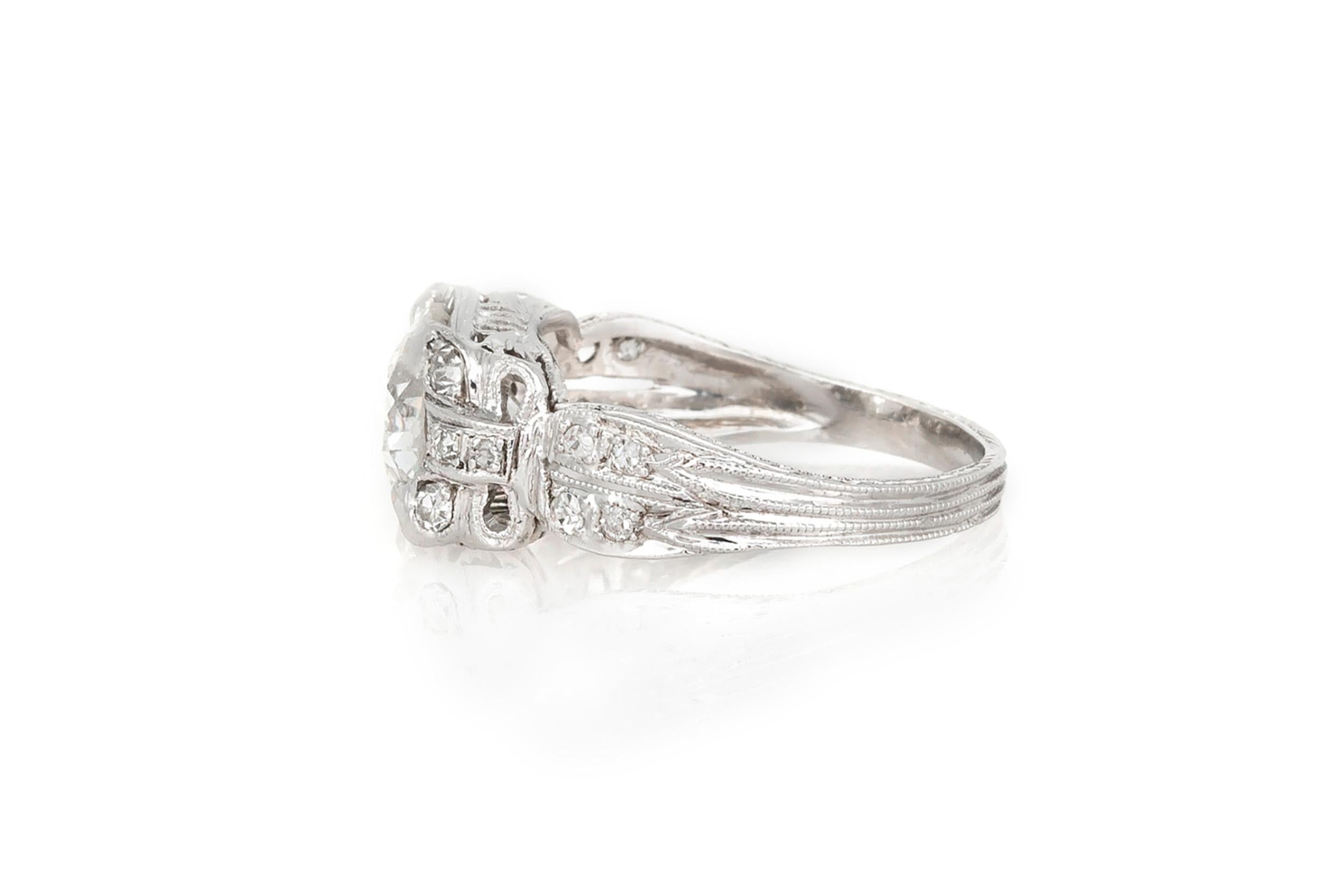 Art Déco Anello di fidanzamento antico Art Deco 1920 da 1,32 carati con diamanti taglio europeo in vendita