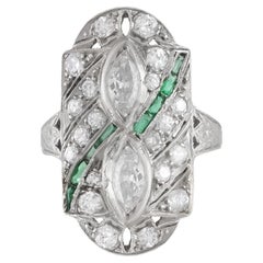 Antique Art Deco 1920s 1.50 Carat Diamond Dinner Ring with Emeralds