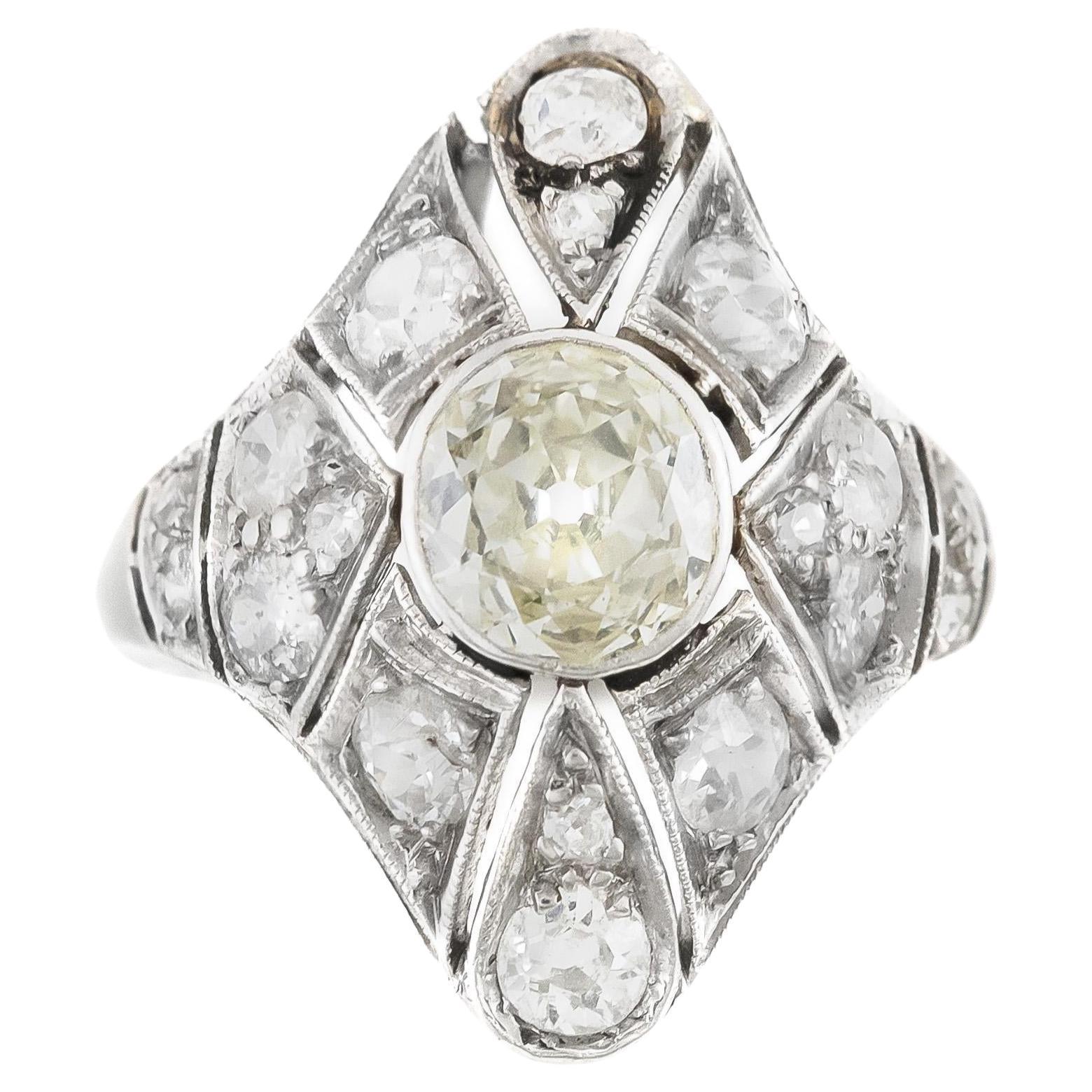 Antique Art Deco 1920s 1.50 Carat Old European Cut Diamond Dinner Ring
