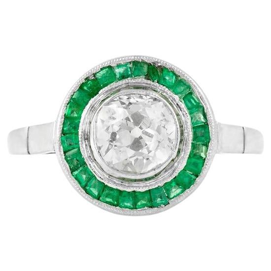 Antique Art Deco 1920s 1.50 Carat Old Mine Cut Diamond Target Ring with Emeralds