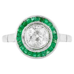 Antique Art Deco 1920s 1.50 Carat Old Mine Cut Diamond Target Ring with Emeralds