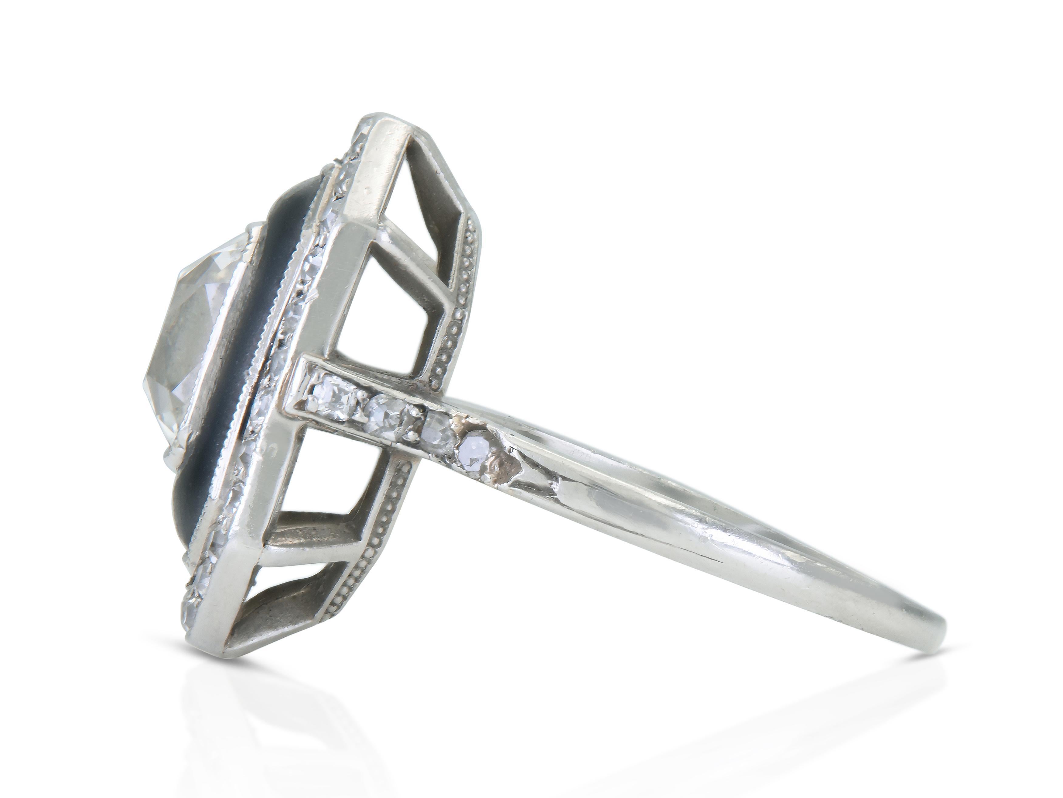 Art déco Bague octogonale en onyx avec diamant taillé dans une mine ancienne, Arte Antiques 1920, 1,60 carat en vente