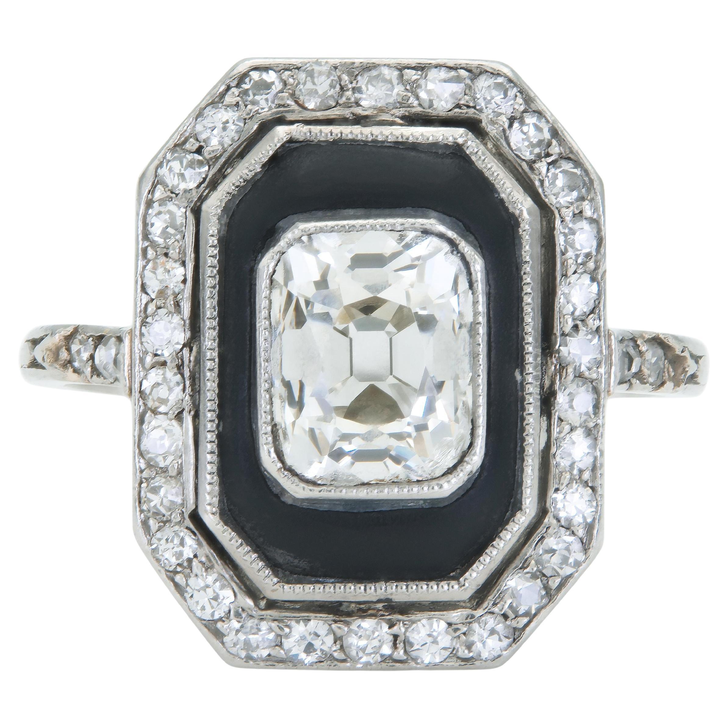 Bague octogonale en onyx avec diamant taillé dans une mine ancienne, Arte Antiques 1920, 1,60 carat