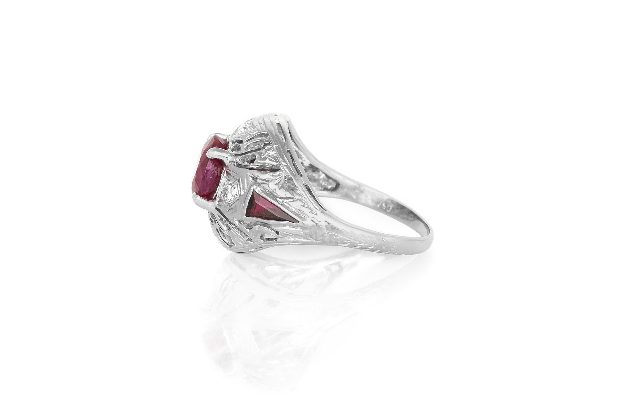 Art déco Arte Antiques Art Deco 1920s 1.84 Carat Oval Cut Ruby Ring with Diamonds en vente