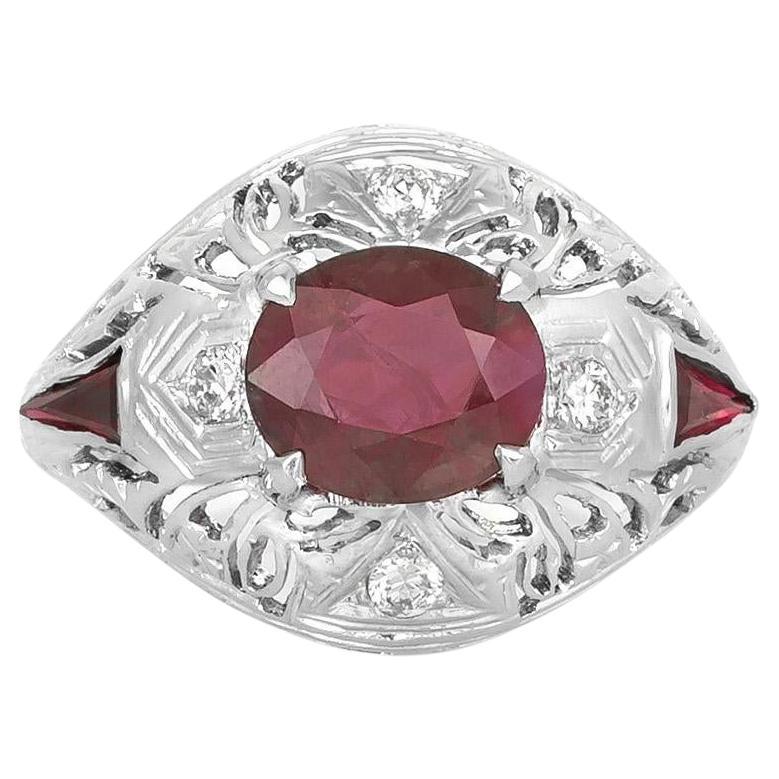 Antique Art Deco 1920s 1.84 Carat Oval Cut Ruby Ring with Diamonds