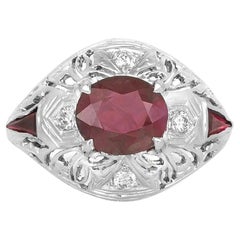 Antique Art Deco 1920s 1.84 Carat Oval Cut Ruby Ring with Diamonds