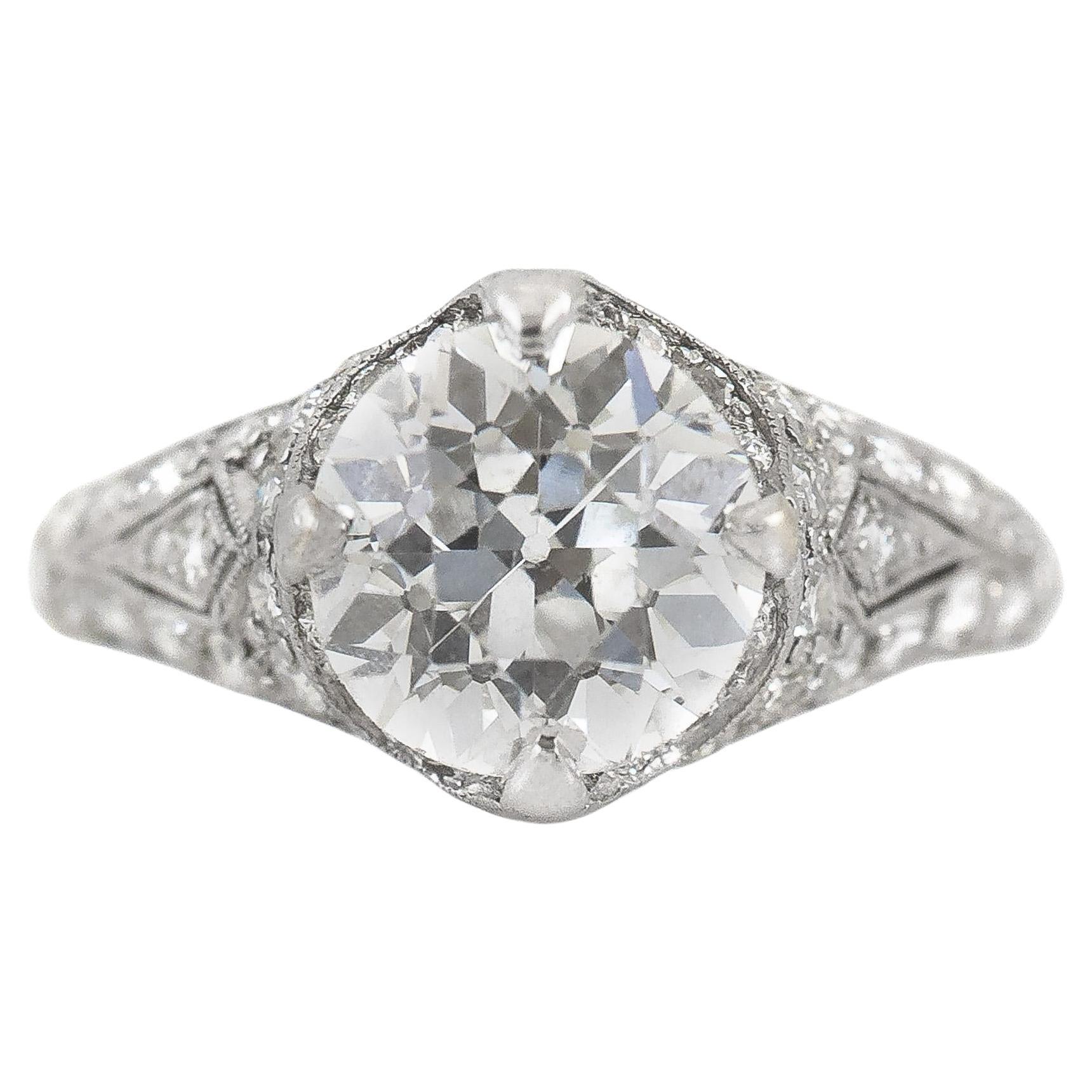 Antique Art Deco 1920s 2.15 Carat Old European Cut Diamond Engagement Ring For Sale