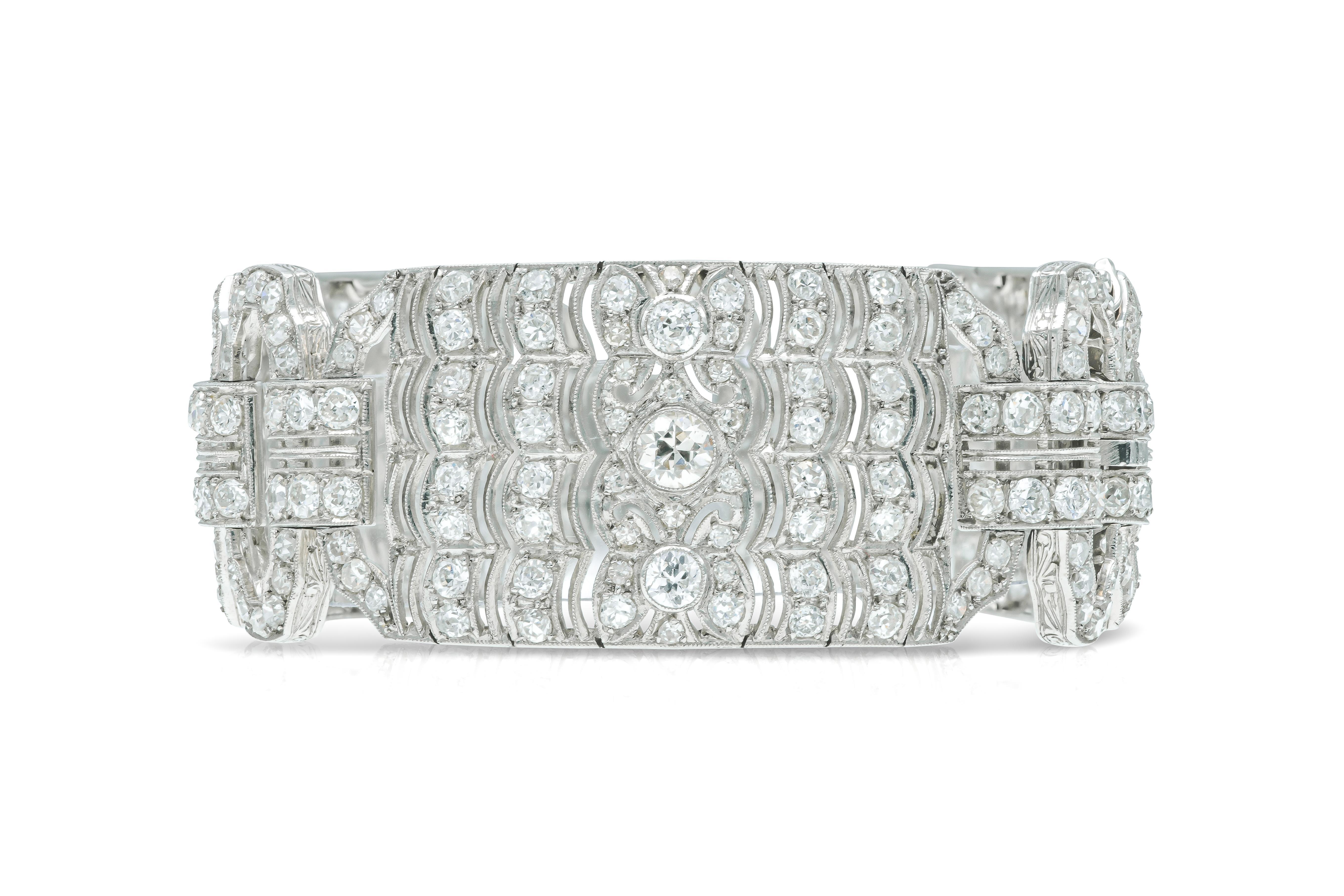 Old European Cut Antique Art Deco 1920s 23.50 Carat Old European Diamond Wide Bracelet For Sale
