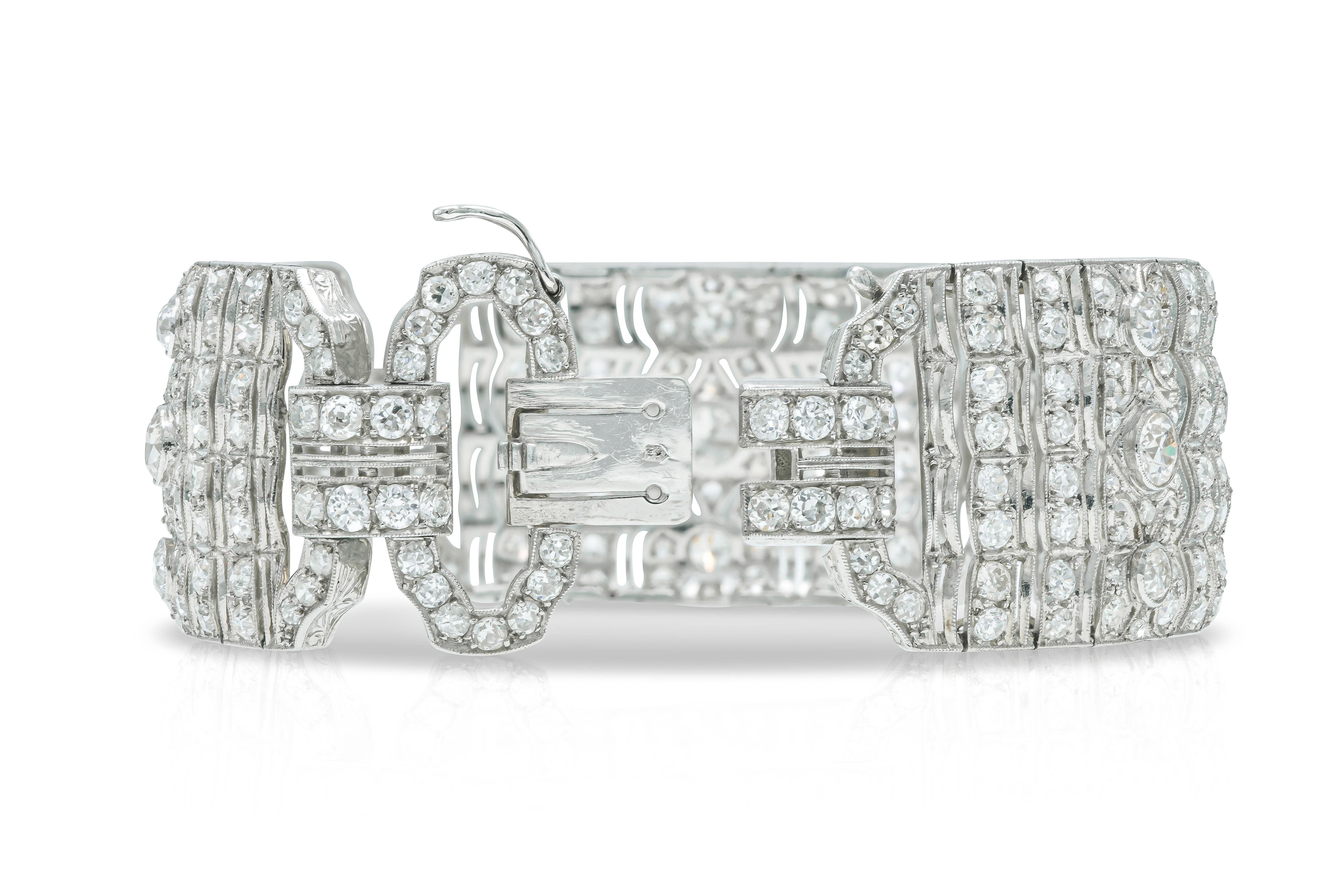 Women's Antique Art Deco 1920s 23.50 Carat Old European Diamond Wide Bracelet For Sale