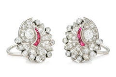 Antique Art Deco 1920s 2.50 Carat Diamond Flower Earrings with Rubies