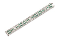 Antiguo Art Decó Años 20 Pulsera de diamantes de 34,50 quilates con esmeraldas